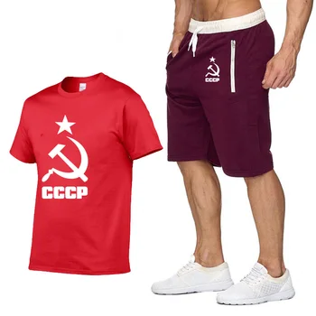 Moda de vara Tricouri Barbati CCCP rus, URSS, Uniunea Sovietică Om maneci Scurte Moscova, Rusia Mens Casual din Bumbac Tricouri+pantaloni costum