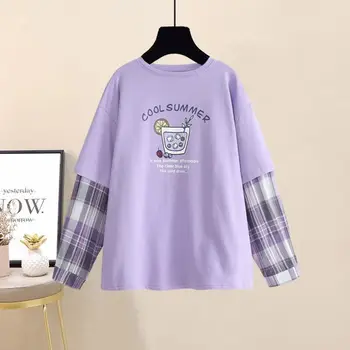 Tricou Femei Violet Liliac, Tricouri Primăvara Anului 2021 Moda Coreeană Stil Maneca Lunga Liber Casual Femei De Îmbrăcăminte