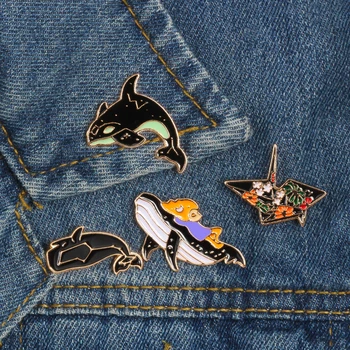 la Animale de mare Delfin brosa Origami Email pin Badge Norocos pește Blugi Denim Butonul de bijuterii Drăguț ace de Rever cadou pentru copii, pentru femei