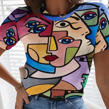 Noi SpringSummer Graffiti Pictura 3D Imprimate pentru Femei Tricou Elegant cu Mânecă Scurtă Gât Rotund Top New Vintage tricou Femeie