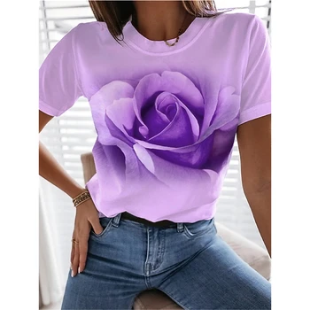 Femei Vara tricou Elegant cu Maneci Scurte Tee Sudoare Violet Blue Rose Floare de Imprimare 3D Rotund Gât de Sus Feminin Elegant Tricouri
