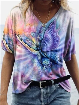2022 Vara Noi Femeile de Moda Casual T-shirt Fluture de Imprimare Vrac V Gât Pulover cu Maneci Scurte Topuri Pictura Abstracta Tricou