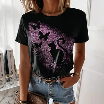 Animal T-shirt Gât Rotund Top Casual de Vara Respirabil Tricou Bluze T-Shirt pentru Femei Pisici de Imprimare Negru Kawaii Haine de sex Feminin