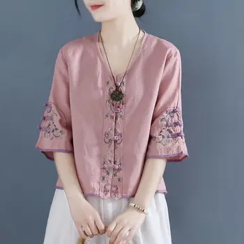 Retro Brodate Nod Butonul de Bumbac Tricou Femei modelului de Vară 2021 Nou Chinezesc Ceai Zen Rochie Scurtă Vrac V-neck Top