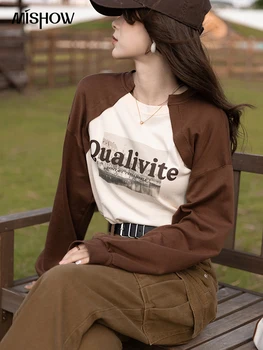 MISHOW Y2k T-shirt pentru Femei Toamna American Retro Oneck Mâneci Lungi Scrisoarea Imprimate Topuri de Moda Casual, Feminin Teuri MXB36T0575