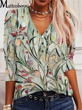 Epocă de Imprimare Topuri Femeile Elegante, Casual Street Maneca Lunga T-Shirt Femei Vrac Butonul V Gât Pulover Teuri Nou Toamna Îmbrăcăminte
