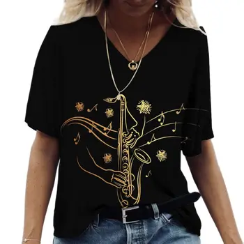 Vara Femei T Shirt Sax Printed V-neck Bumbac cu Maneci Scurte Topuri de Moda Arta Muzica Pulover Casual Supradimensionate Îmbrăcăminte pentru Femei