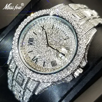 MISSFOX Noi Ziua Data Ceas Pentru Barbati de Lux Full Diamond Argint Cuarț Ceas de mână Hip Hop Gheață Impermeabil Ceasuri de Dropshipping
