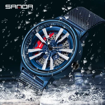 SANDA Ceas Sport Tendință de Moda pentru Bărbați de Curse Ceas Plasă Albastru Curea 360° Rotativ Cadran Ceas rezistent la apă Și Drop Rezistent Reloj