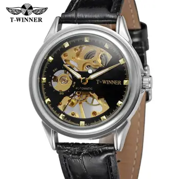 T-CÂȘTIGĂTOR ceas tendință de moda curea din piele neagra de lux casual automată om încheietura ceas mecanic