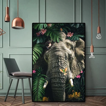 Animale de Artă Panza Pictura Flori Frunze Elefant Postere si Printuri de Arta de Perete de Imagine pentru Camera de zi Decor Acasă Cuadros