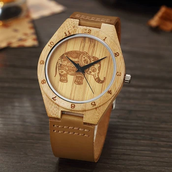 gorben Herren Holz Uhren, Creativ Elefant Bambus Holz Uhren natur Rindsleder Leder Urtul Handarbeit leicht Japanisches Quarz-Uhr
