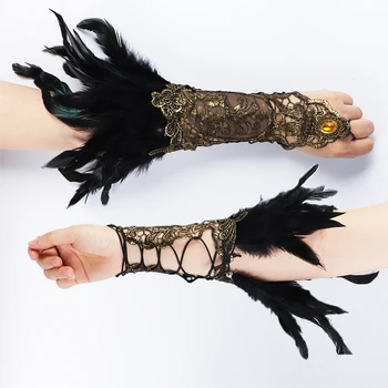 O pereche Feminin Mănuși de Dantelă Gotic Mansete Pene Manșetă Reglabilă Parte Decor Cosplay Handwear Moda Broderie Costum