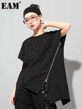 [MEM] Femei Neregulate Negru cu Fermoar de Dimensiuni Mari Casual T-shirt Noi Gât Rotund Maneca Scurta Mareea Moda Primavara-Vara 2023 1DE8576