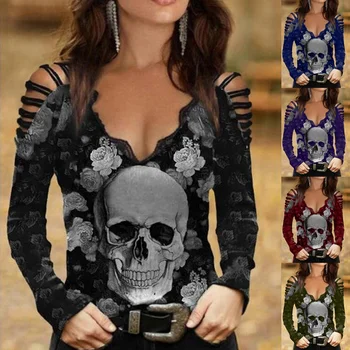 2022 Femei de Moda de Primăvară și de Toamnă Casual V-neck Skull & Floare de Imprimare T-shirt Gotic Gol Topuri cu Maneci Lungi