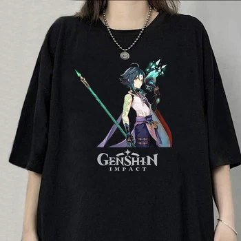 Genshin Impact Tricouri Xiao Print T-shirt Kawaii Topuri pentru Fete Femei Vara Maneca Scurta Barbati Graphic Tee-tricou 100% Bumbac