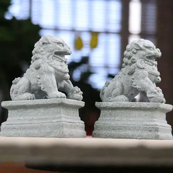 2 buc Mini Leu de Piatră Statuia Chineză de bun augur Leu Sculpturi lucrate Manual, Figurina Meserii Desktop Feng Shui Decor