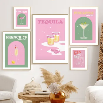 Roz Cocktail De Whisky Mojito Tequila Băuturi Arta De Perete Panza Pictura Nordică Postere Si Printuri Poza Perete Pentru Bucatarie Bar Decor