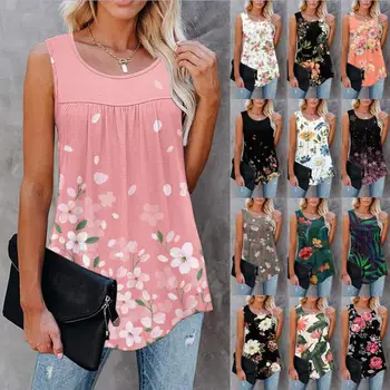 Femei fără Mâneci T-shirt 2022 Vară O-Gât Topuri Doamnelor Teuri Print Floral Vesta Casual Vintage Liber Famale Pulover de Streetwear