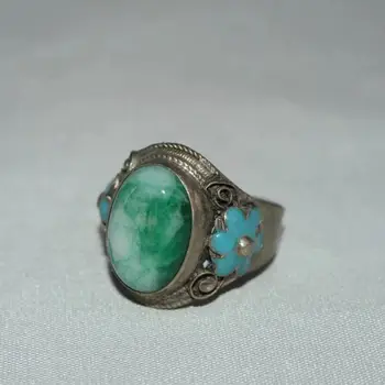 Colectie Chineză veche argint Tibetan cloisonne încrustat greenstone inel de jad.