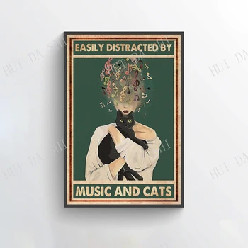 Muzica Poster - Usor de Distras De Muzică și Pisici, Pisica Neagra Poster, Oală Cap Note Muzicale Perete de Artă, Fată Iubește Pisica Printuri de Arta