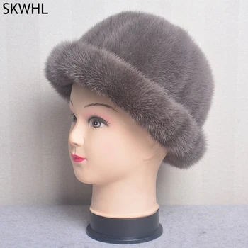 Femei Iarna Cald Beanie Hat Real Blană De Nurcă Capac Moda Lady Visor Beanie Proprietar Pălărie Strada Trendsetter HipHop Pălărie De Blană Capac