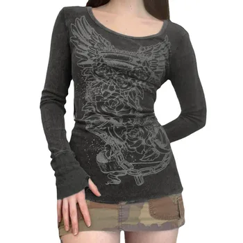 Femeile Gotic T-shirt Toamna Iarna 2022 Epocă de Sus y2k Îmbrăcăminte Grafic Zână Grunge Estetice Maneca Lunga de Sus Streetwear