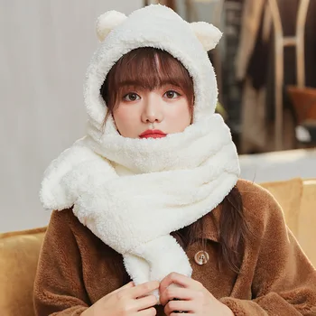 Pop Coreean Femei De Iarnă Noutate Pălării Calde Drăguț Urs Ureche Vânt Cravată Cald Gros De Sex Feminin În Aer Liber Solidă Lână Capac Eșarfă