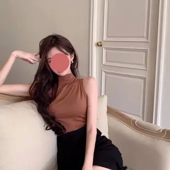 2022 Versiunea coreeană de Bumbac Culoare Solidă Crop Top pentru Femei Primavara Dulce Enegant High Neck Maneca Lunga Tricou de Bază Teuri de sex Feminin