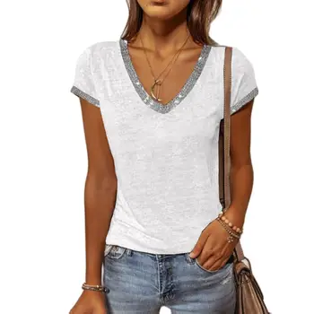 Vara 2022 Femei t Shirt Pentru contrast de Culoare V gatului Maneca Scurta Femei Top Casual Slim Tricou Femei Topuri Tricouri