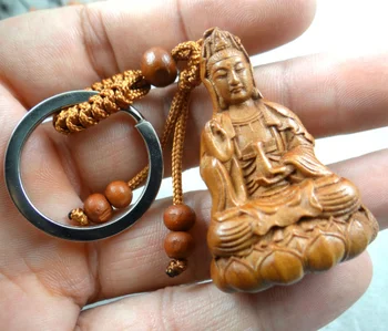 Lemn Natural de mahon trei-dimensional gravură Guanyin butoi breloc Buddha cheie inel bijuterii cadou pentru bărbați și femei 1 buc