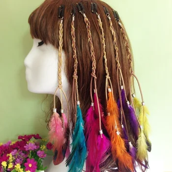 Indian Colorate Pene Clip de Păr pentru Femei Fete Frânghie Lungă Moț de Pene Hairwear Bentita Cosplay Petrecere, Accesorii de Par