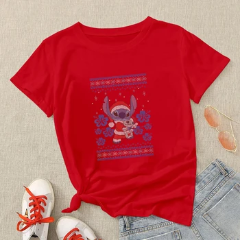 Stitch Disney Femei Tricou Crăciun Fericit Streetwear Lilo și Stitch Tricou de Moda Y2k Topuri Roșu Ajunul crăciunului Pijamale Tricou