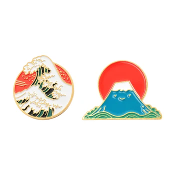 Ukiyo-e Pin Rever Mare Val de Munte Fuji Email Broșe Pin pentru Haine Rucsac Stil Japonez Insigne Bijuterii Cadou Pentru Prieteni