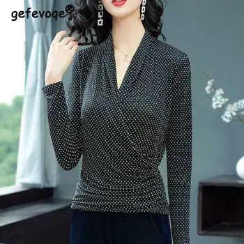 Primavara Toamna de Moda coreeană V-neck Long Sleeve Polka Dot Imprimare Elegant de Bază Tricou Femei Casual Slim Doamnelor Topuri Haine 4XL