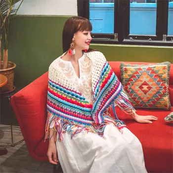 Boho Stil Etnic Manual Croșetat Eșarfă Șal Ciucure Pentru Femei Curcubeu Colorat Cu Dungi Tricotate Esarfa Pashmina Designer Poncho