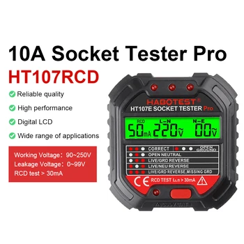 HT107 Socket Tester Pro Testului de Tensiune RCD 90-250V 30mA Soclu Detector BRITANIE, UE, UK Plug Ground Zero Linie Plug Polaritate Faza Verifica